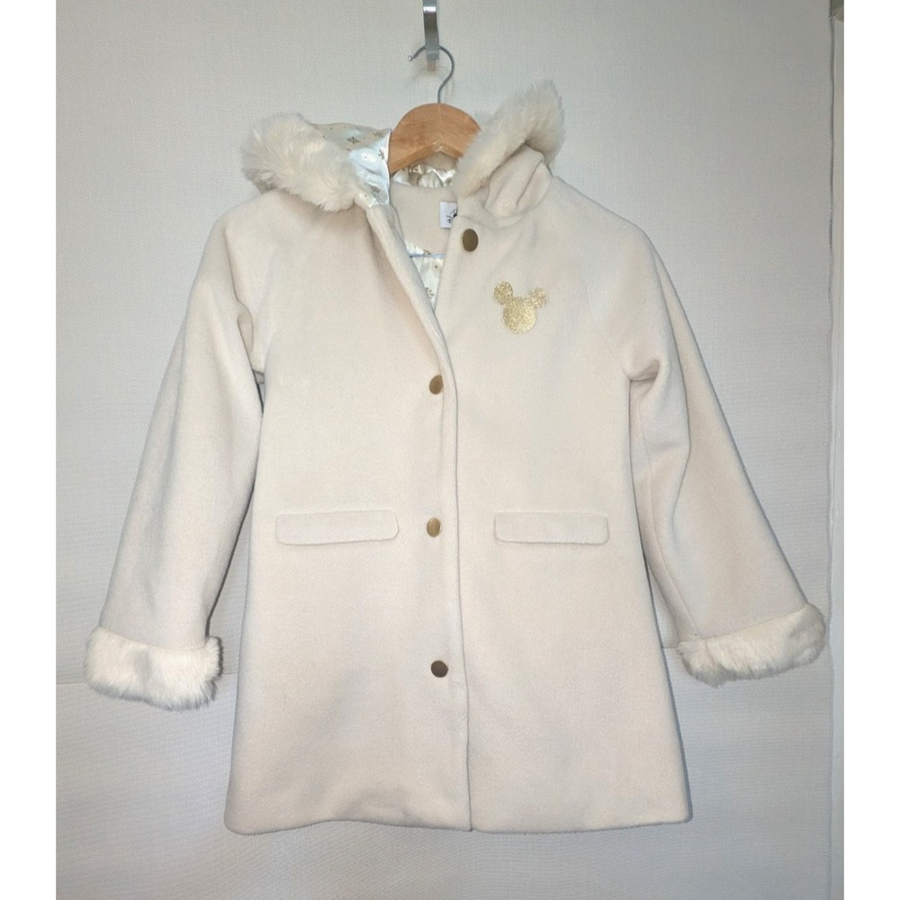 Disney Parks Girls Cream Faux Fur Hooded Long Coat Gold Mickey Snowflake 9/10